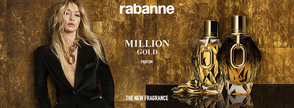 Werbebanner für das Parfum Million Gold von Rabanne. Links eine Frau mit offenem schwarzen Blazer und goldener Statement-Kette, rechts zwei goldene Parfumflakons mit facettenreichem Design vor goldenem Hintergrund.