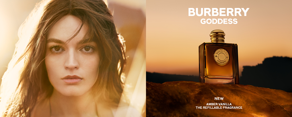 Burberry Goddess Amber Vanilla – neuer nachfüllbarer Damenduft, Frau im goldenen Gegenlicht Burberry Goddess Amber Vanilla – neuer nachfüllbarer Damenduft, Frau im goldenen Gegenlicht