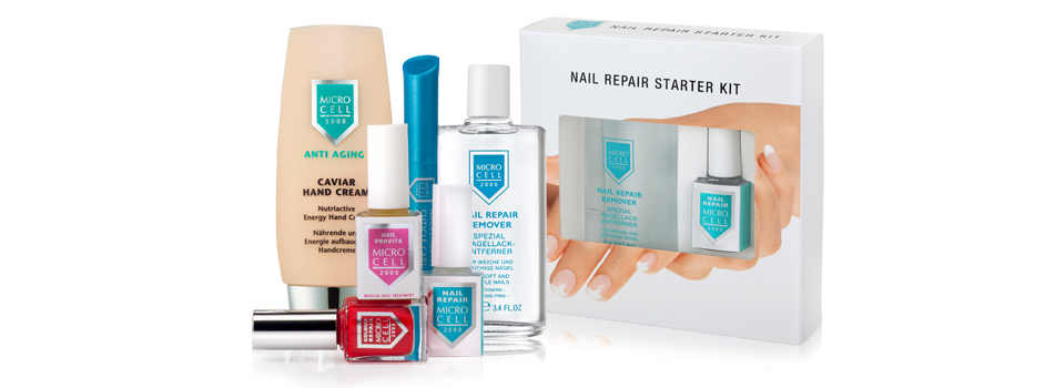 Produkte von Micro Cell 2000 zur Nagel- und Handpflege. Abgebildet sind eine Anti-Aging Caviar Handcreme, verschiedene Nagellacke, ein Nail Repair Entferner sowie ein Nail Repair Starter Kit in einer Verpackung mit Bild gepflegter Hände.
