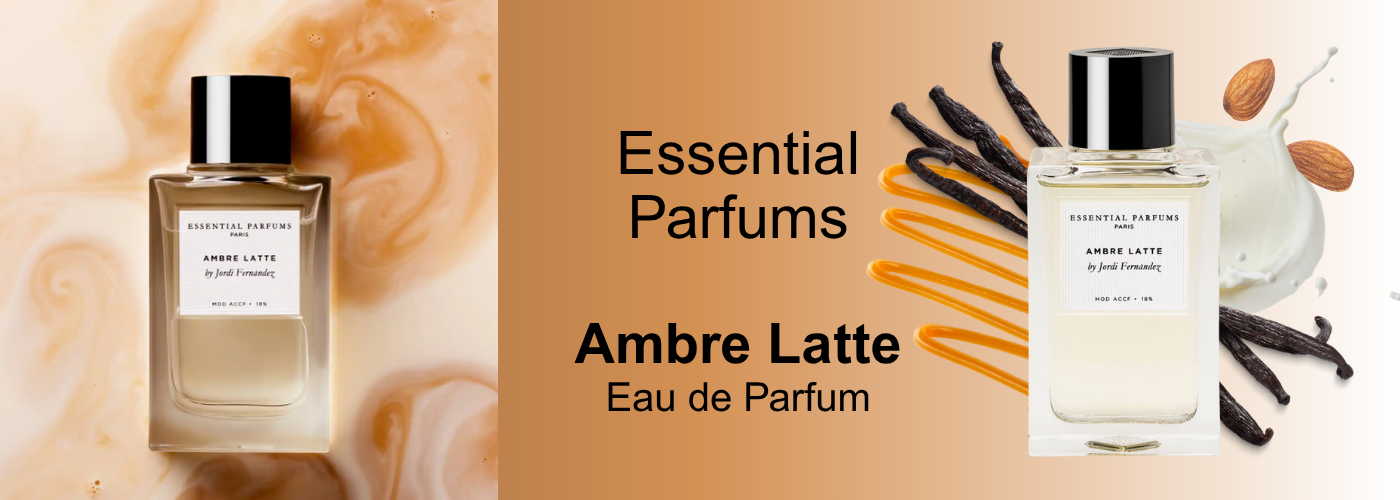 Luxus-Hero-Banner Essential Parfums Ambre Latte Eau de Parfum Flakon mit Vanilleschoten, Mandeln und Milchspritzer