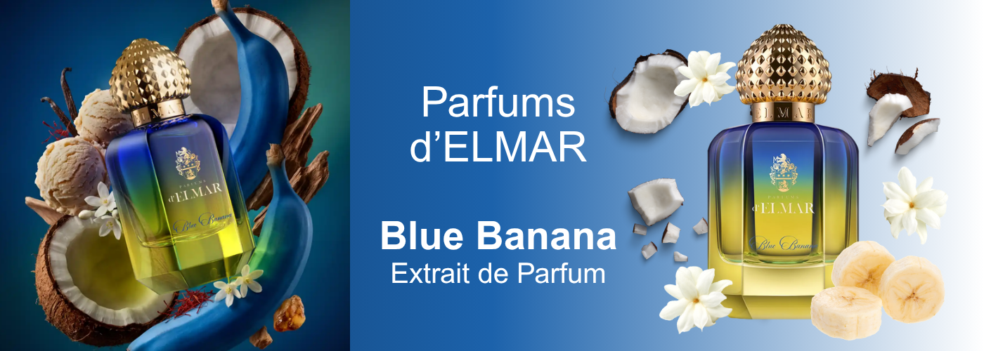 Luxus-Hero-Banner Parfums d'Elmar Blue Banana Extrait de Parfum Flakon mit Kokosnuss, Banane und weißen Blüten