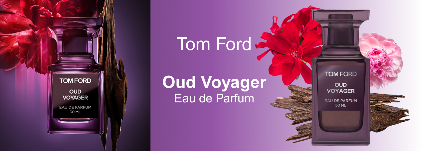 Luxus-Hero-Banner Tom Ford Oud Voyager Eau de Parfum Flakon mit roter Geranienblüte und Oud-Holz