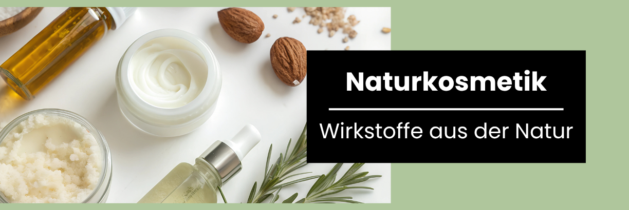 Banner Naturkosmetik – Wirkstoffe aus der Natur, Creme, Peeling, Öl und Rosmarinzweig neben Walnüssen