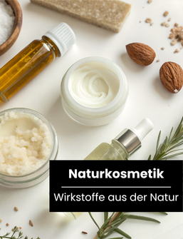 Naturkosmetik-Produkte wie Cremes, Öle und Peeling mit Mandeln und Rosmarin, Kategoriebild Naturkosmetik