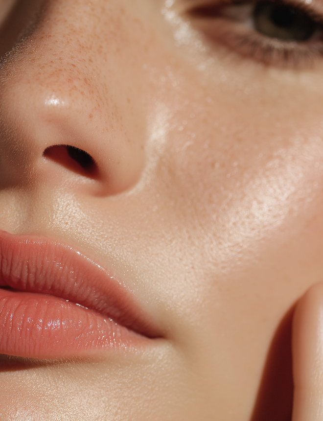 Nahaufnahme von Nase und Lippen mit glänzendem Lipgloss und sommersprossiger Haut