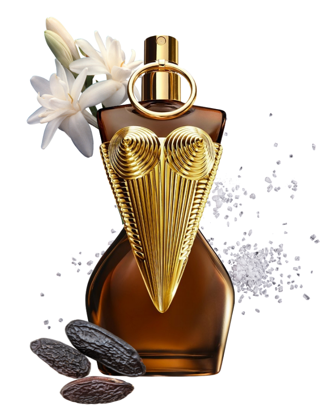 Jean Paul Gaultier Divine Eau de Parfum, bernsteinfarbener Korsett-Flakon mit weißen Lilien und Tonkabohnen