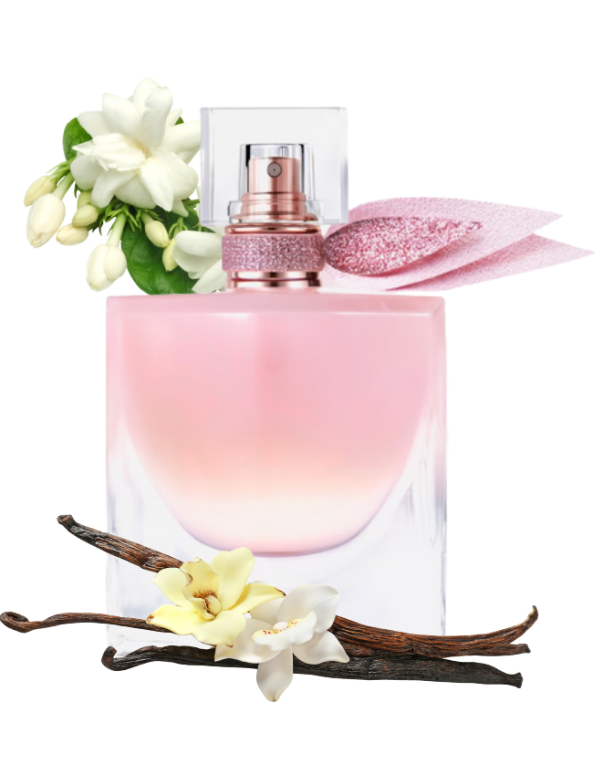Lancôme La Vie Est Belle Vanille Nude Eau de Parfum, rosafarbener Flakon mit Jasminblüten und Vanilleschoten