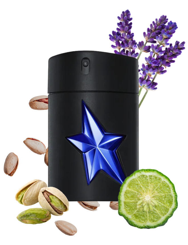 Mugler A*Men Eau de Toilette, schwarzer Flakon mit blauem Stern, Pistazien, Lavendel und Bergamotte