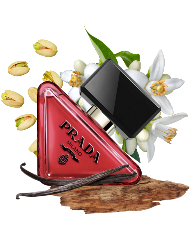 Prada Paradoxe Radical Essence Eau de Parfum, dreieckiger roter Flakon mit Pistazien, Orangenblüten und Vanilleschote
