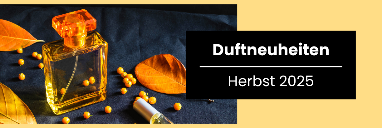 Hero-Banner 'Duftneuheiten im Herbst 2025' mit goldenem Parfumflakon, Herbstblättern und roten Beeren auf dunklem Hintergrund