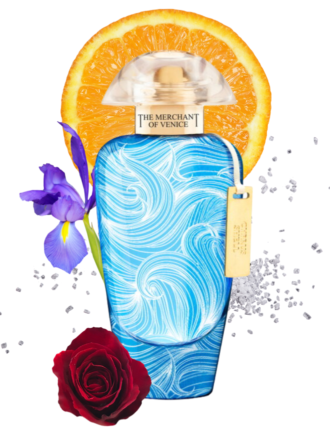 The Merchant of Venice Duftflakon mit blauem Wellenmotiv, umgeben von Orange, Iris und roter Rose