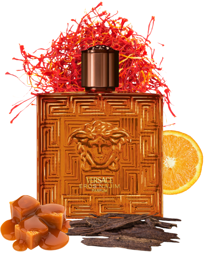 Versace Eros Najim Parfum Flakon mit Safranfäden, Orangenscheibe, Karamell und Oud-Holz