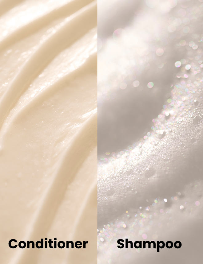 Sensai Haarpflege – Nahaufnahme der Texturen von Conditioner und Shampoo im Vergleich