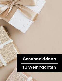 Glitzernd verpackte Weihnachtsgeschenke in Gold und Roségold mit Schleife, Artikelbild Geschenkideen zu Weihnachten