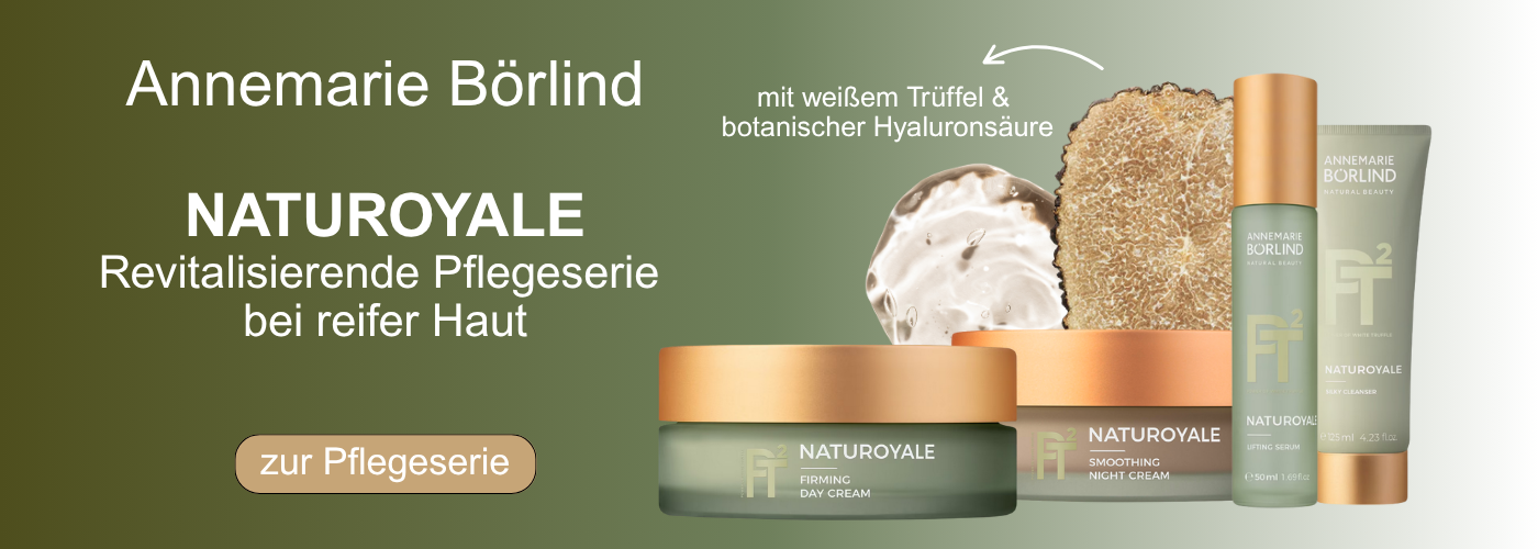 Annemarie Börlind Naturoyale revitalisierende Pflegeserie bei reifer Haut mit weißem Trüffel und botanischer Hyaluronsäure, Tages- und Nachtcreme, Lifting Serum und Cleanser