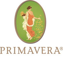 Primavera Logo mit Jugendstil-Illustration einer Frau in Orange auf grünem Oval