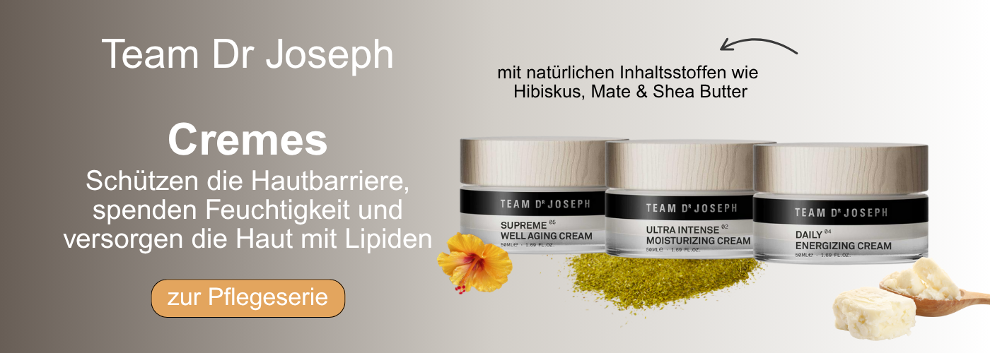 Team Dr Joseph Cremes mit Hibiskus, Mate und Shea Butter, Supreme Well Aging Cream, Ultra Intense Moisturizing Cream und Daily Energizing Cream
