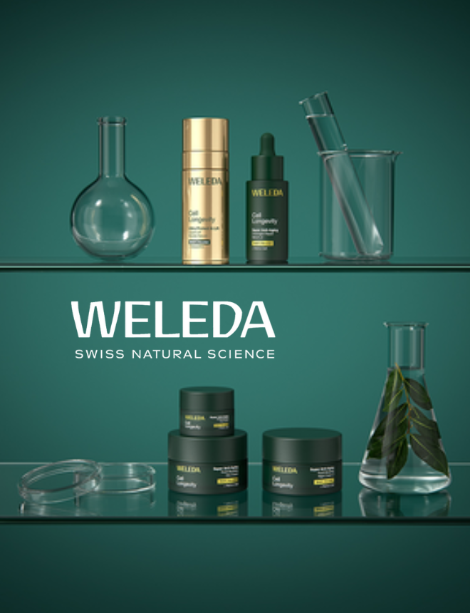 Weleda Swiss Natural Science Logo mit Cell Longevity Pflegeprodukten im Labor-Setting