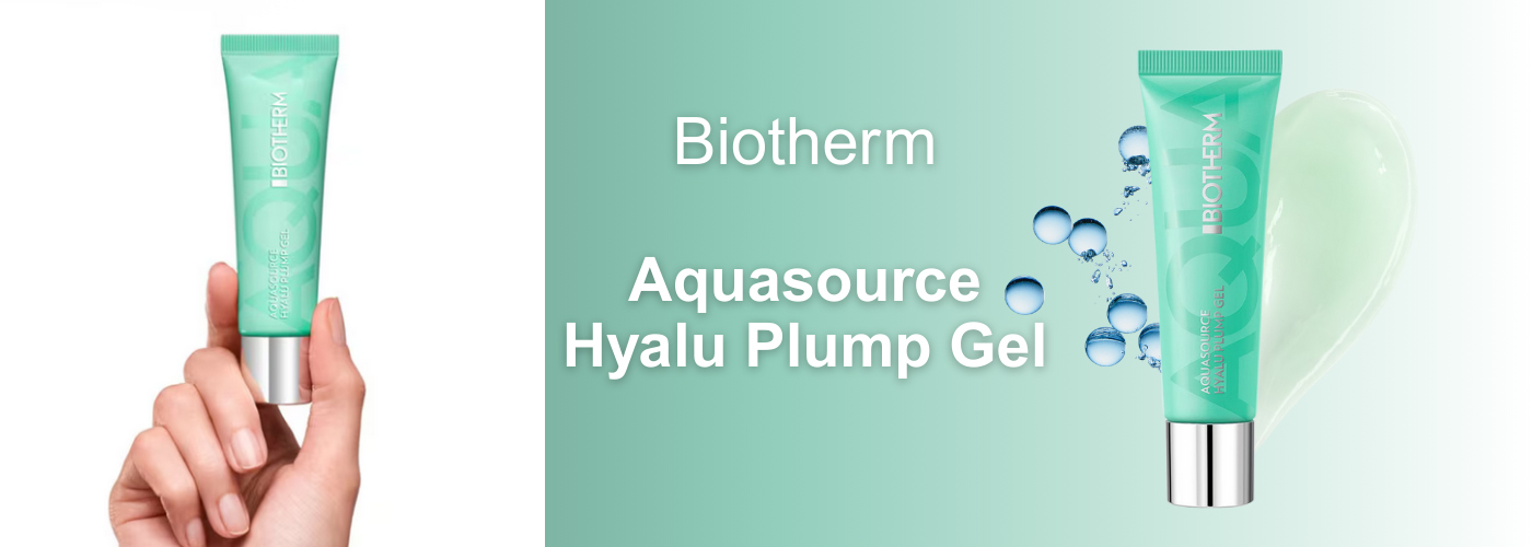 Biotherm Aquasource Hyalu Plump Gel Tube in der Hand gehalten und mit Wassertropfen-Textur im Hintergrund