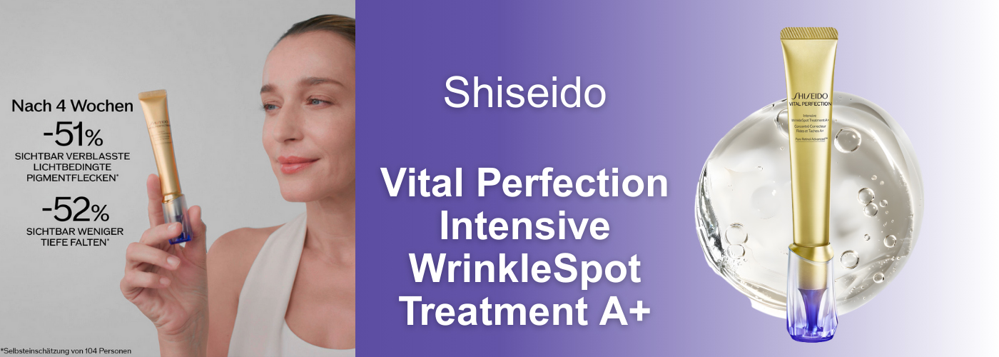 Shiseido Vital Perfection Intensive WrinkleSpot Treatment A+ Tube mit Frau und Studienergebnissen zu Pigmentflecken und Falten nach 4 Wochen