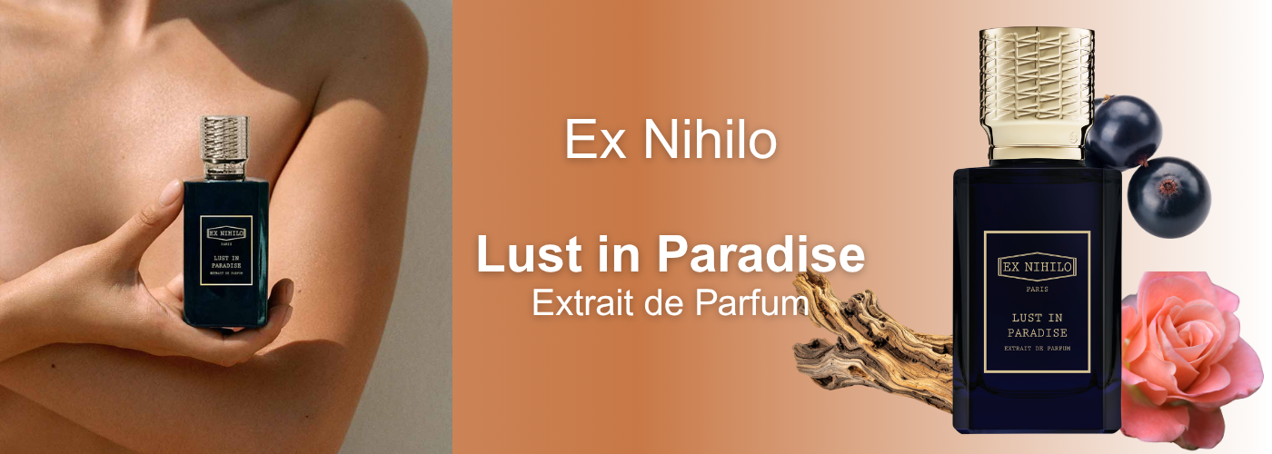 Luxus-Hero-Banner Ex Nihilo Lust in Paradise Extrait de Parfum Flakon mit Treibholz, Rose und schwarzen Johannisbeeren