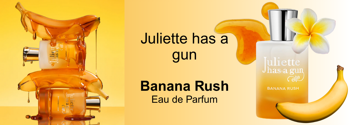 Luxus-Hero-Banner Juliette has a gun Banana Rush Eau de Parfum Flakon mit tropfender Banane und Frangipani-Blüte