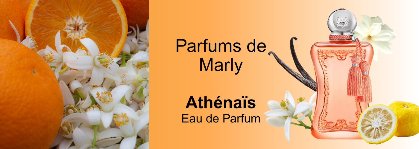 Luxus-Hero-Banner Parfums de Marly Athénaïs Eau de Parfum Flakon mit Orangenblüten, Vanille und Zitrusfrüchten