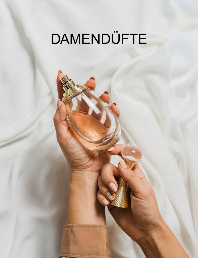 Kategoriebild Damendüfte mit Händen, die einen goldenen Parfumflakon vor weißem Stoff halten