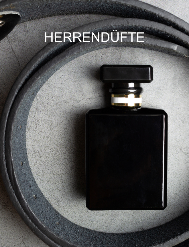 Kategoriebild Herrendüfte mit schwarzem Parfumflakon auf grauem Steinuntergrund