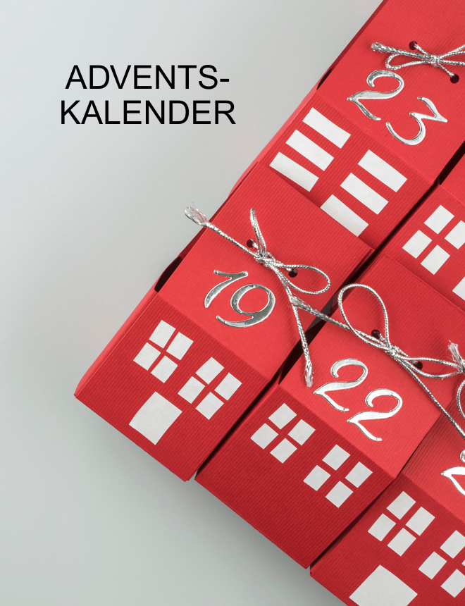 Adventskalender – rote Papierhäuschen mit nummerierten Türchen