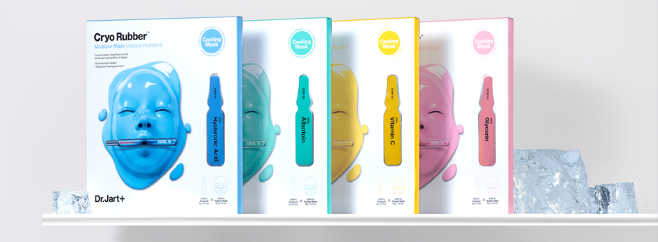 Dr. Jart+ Cryo Rubber Cooling Mask Kollektion mit verschiedenen Gesichtsmasken in blauen, grünen, gelben und rosa Verpackungen