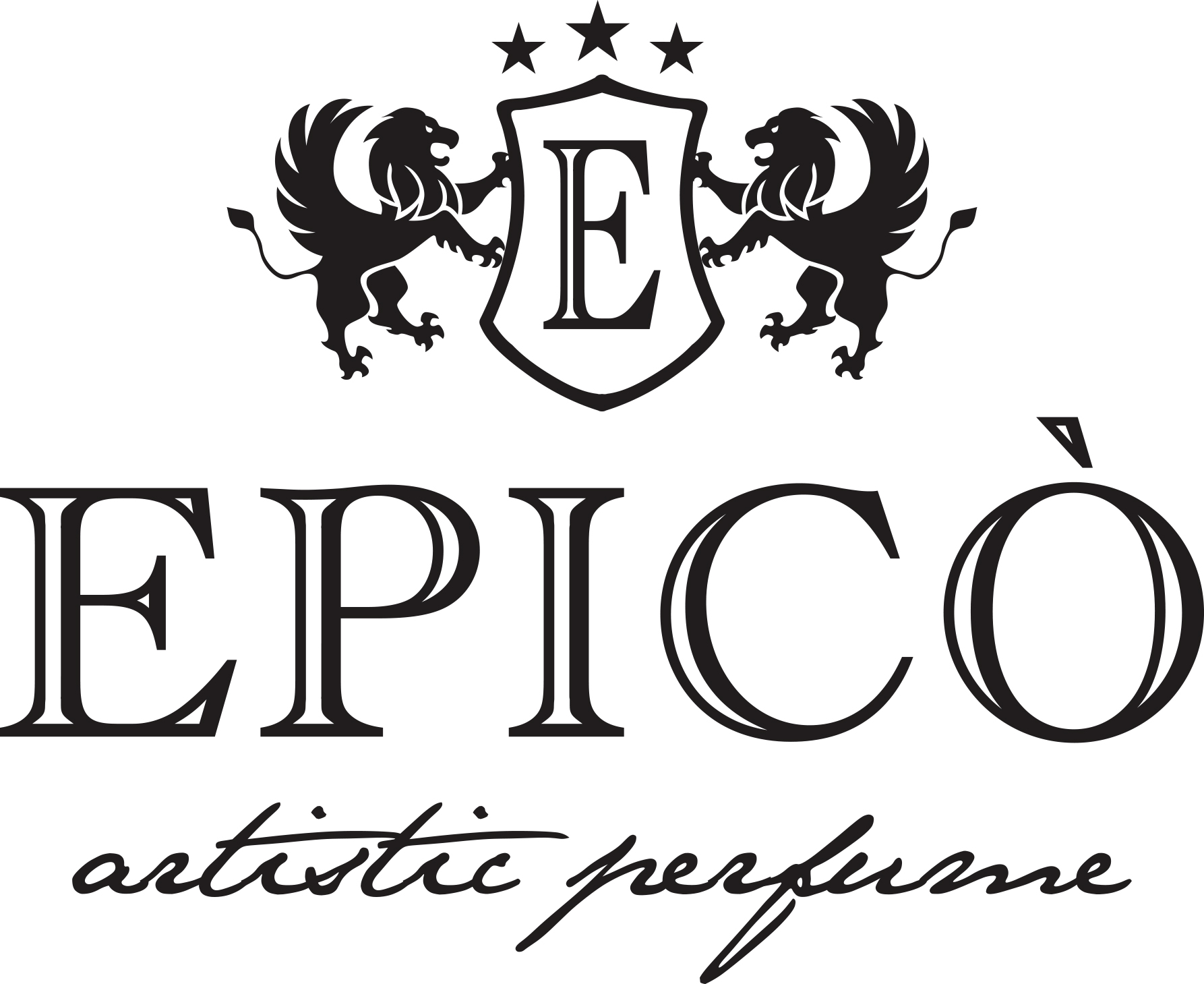 Epicò Artistic Perfume Logo – schwarzes Wappen mit zwei geflügelten Löwen und dem Initial-E, drei Sterne oben, darunter der Markenname Epicò in eleganter Serifenschrift und der Zusatz „artistic perfume