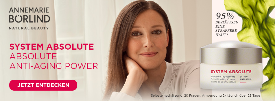 Annemarie Börlind System Absolute ANNEMARIE BÖRLIND System Absolute – Anti-Aging-Pflegeserie mit glättender Tagescreme. 95 % der Anwenderinnen bestätigen eine straffere Haut. Abgebildet sind eine Frau, die die Creme verwendet, sowie das Produkt selbst.