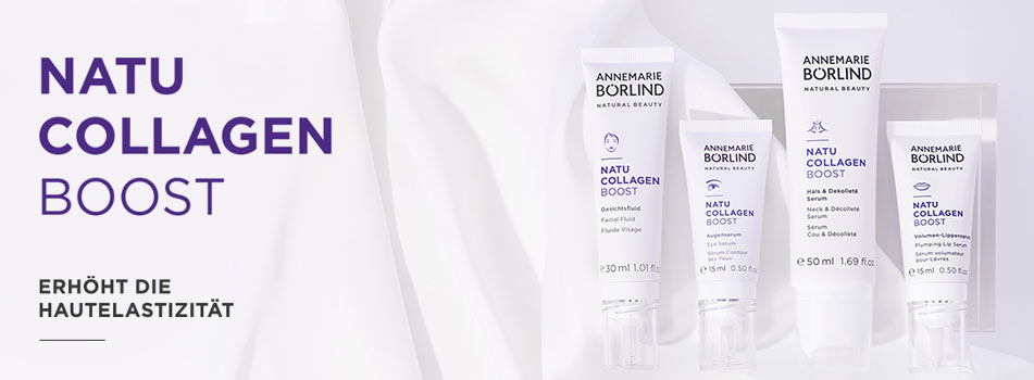 Pflegeserie mit Fokus auf natürlichem Collagen, präsentiert in violett-weißen Tuben und Tiegeln – Text „Natu Collagen Boost – Erhöht die Elastizität“.