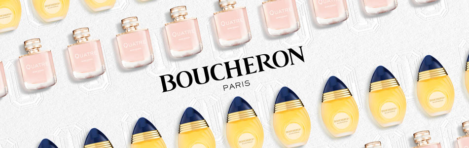 Flakon-Arrangement von Boucheron Paris mit den Parfums „Quatre“ in zartrosa und „Jaipur“ in gelb-blau auf weißem Hintergrund mit dem Markenlogo in der Mitte.