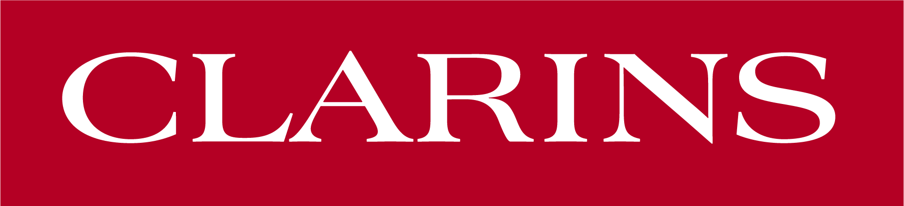 Logo der Marke Clarins: weißer Schriftzug ‚CLARINS‘ auf rotem Hintergrund.
