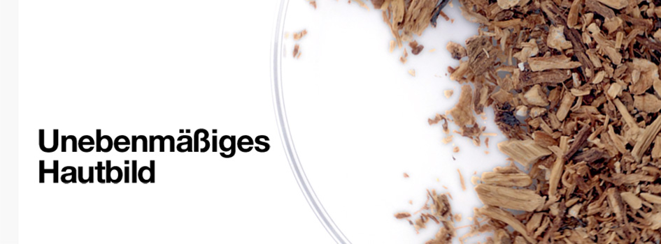 Text 'Unebenmäßiges Hautbild' auf weißem Hintergrund. Rechts sind braune Holzstückchen auf einer runden Glasplatte zu sehen.