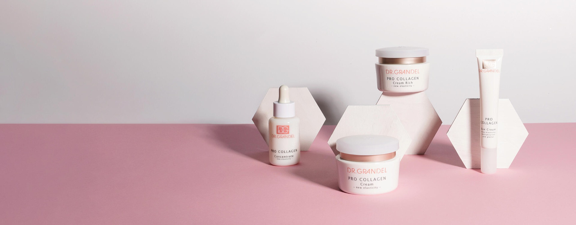 Dr. Grandel Pro Collagen Hautpflegeprodukte – Serum, Cremes und Augenpflege – auf rosa Untergrund und weißen geometrischen Sockeln stilvoll arrangiert.