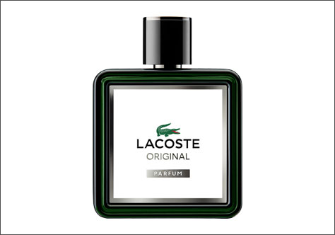 Flakon des Lacoste Original Parfum: quadratische, grün-schwarz umrahmte Glasflasche mit silberner Verschlusskappe, weißem Etikett und grünem Lacoste-Krokodil-Logo, darunter die Aufschrift „Lacoste Original Parfum“.