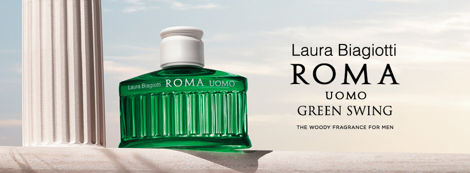 Werbebild für das Herrenparfüm ‚Roma Uomo Green Swing‘ von Laura Biagiotti. Ein grüner Flakon mit weißem Deckel steht auf hellem Stein neben einer klassischen weißen Säule, vor hellem Himmel. Rechts im Bild steht der Text: ‚Laura Biagiotti ROMA Uomo Green Swing – The woody fragrance for men‘.