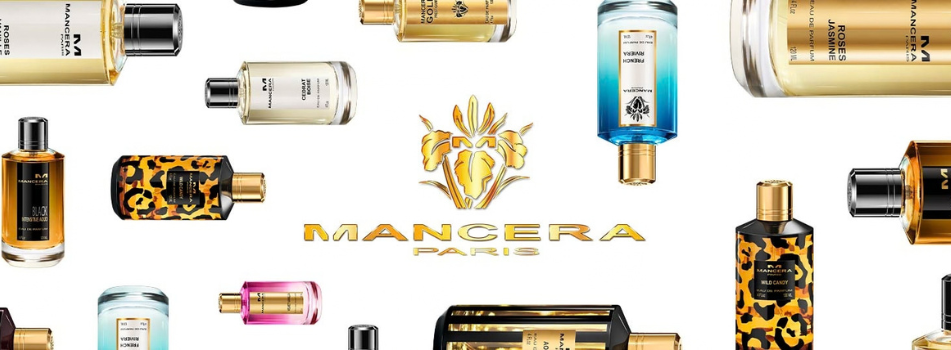 Mancera Paris Logo umgeben von verschiedenen Eau-de-Parfum-Flakons auf weißem Hintergrund