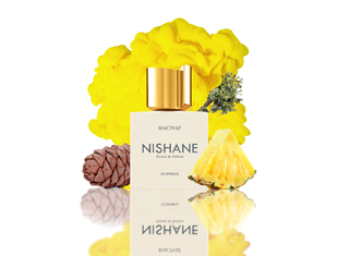 Parfumflakon von Nishane mit goldener Kappe und der Aufschrift 'Hacivat' steht auf spiegelndem Untergrund. Umgeben ist er von einer gelben Blüte, einem Stück Ananas, einem Tannenzapfen und einem Zweig – symbolisch für die Duftnoten des Parfums.