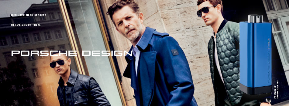 Werbung für Porsche Design Parfum: Drei stilvoll gekleidete Männer mit Sonnenbrillen stehen vor einem modernen Gebäude. Links im Bild der Schriftzug 'Porsche Design', oben der Text 'Men have many secrets. Here's one of them.' Rechts ist ein blau-schwarzer, eckiger Parfumflakon mit der Aufschrift 'Porsche Design The Essence Eau de Toilette' abgebildet.